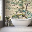 Botanical ceramic tile mural with tree branches and green leaves